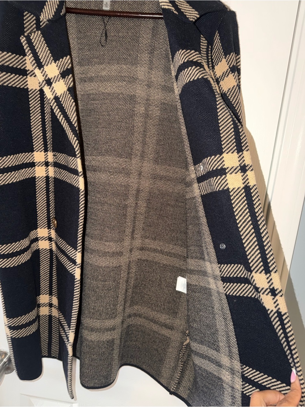 Anne Klein Black and Beige Plaid Double-Breasted Pea Coat - Picture 6 of 7
